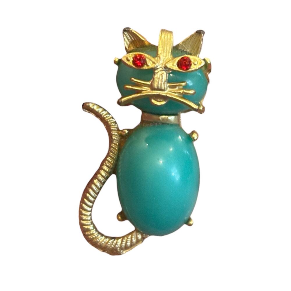 Atomic Turquoise Cat Brooch Red Rhinestone Eyes Mid Century Mod Figural Pin - Picture 8 of 8